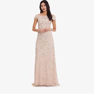 Adrianna Papell OFF THE SHOULDER SEQUIN BEADED GOWN IN BLUSH size 14